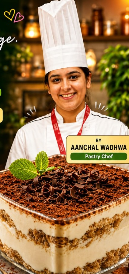 Pastry chef Aanchal Wadhwa holding a dish of handmade eggless tiramisu